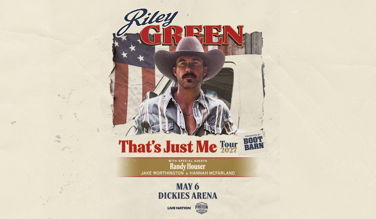 Cartaz do show de Riley Green, That's Just Me Tour 2027, em 6 de maio na Dickies Arena